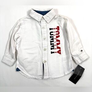 NWT TOMMY HILFIGER Baby Boys' White Logo Long Sleeve Button Down Preppy 6-9M